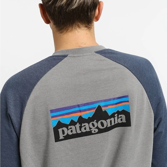Patagonia Navy Blue Gray P-6 Logo Lightweight Crew Sweatshirt Men's Small Shirt - Picture 2 of 12